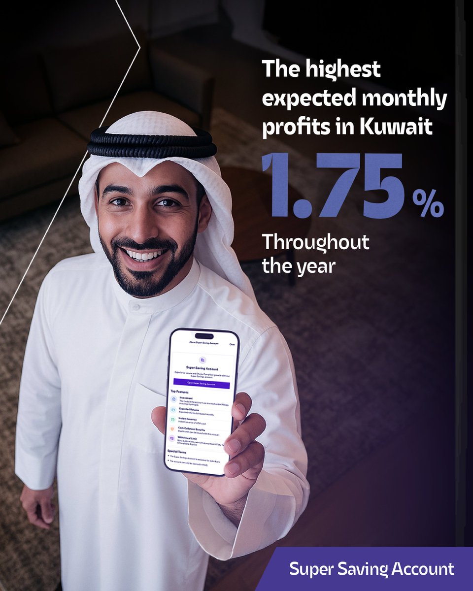 فتح حسابك وعوائدك هي الأعلى على مدار السنة مع حساب التوفير. 

With Super Saving Account, get the highest returns throughout the year.

#بنك_وربة 
#لنملك_الغد