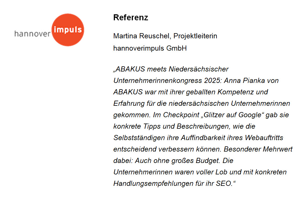 Vielen Dank für das schöne Feedback an Martina Reuschel, Projektleiterin bei <a href="/hannoverimpuls/">hannoverimpuls GmbH</a>