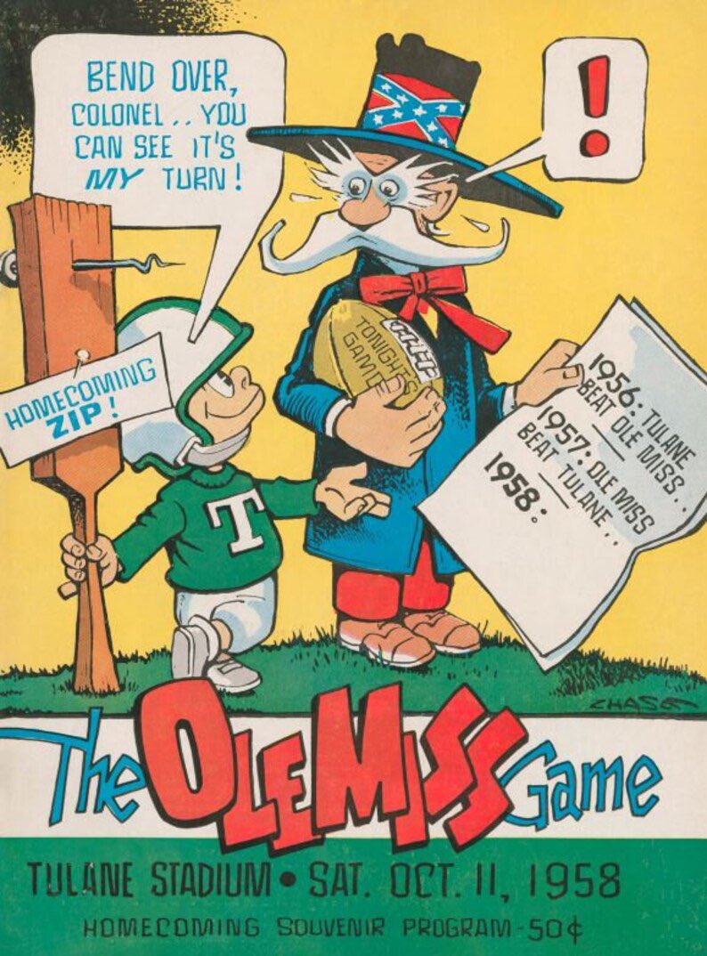 AngrierWave's tweet image. Big fan of the vintage art for the Tulane Green Wave of yore. Time to start a thread. Starting with our old friend, Ole Miss. 

I love every single one I come across. 🧵