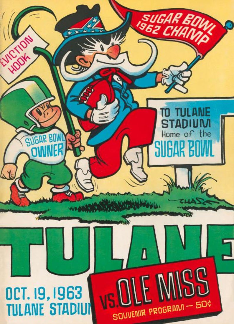 AngrierWave's tweet image. Big fan of the vintage art for the Tulane Green Wave of yore. Time to start a thread. Starting with our old friend, Ole Miss. 

I love every single one I come across. 🧵