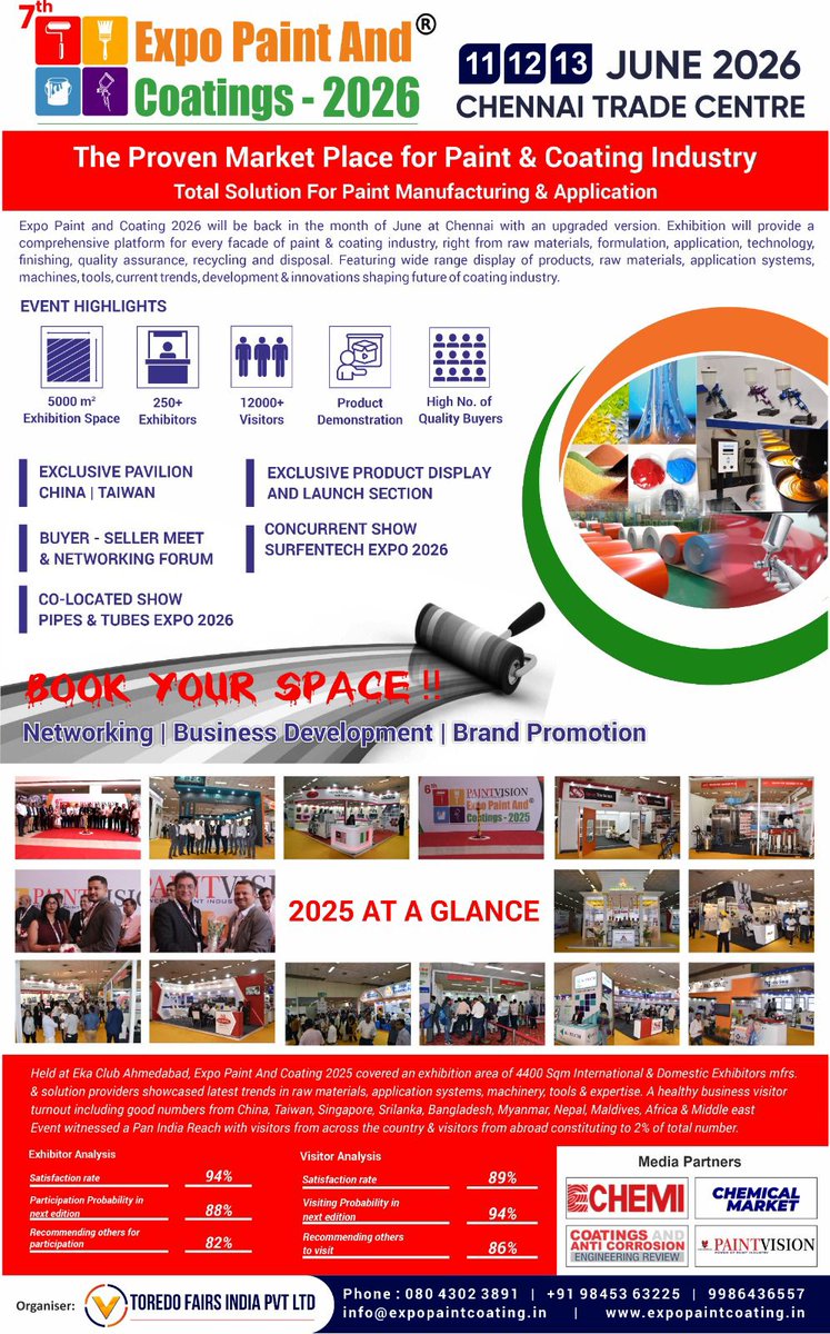 🏭 7th Expo Paint &amp; Coatings 2026 – Where color meets technology! 
📍11, 12, 13 June 2026, Chennai Trade Centre, Tamil Nadu
#ExpoPaintAndCoatings2026 #toredofairs #epc2026 #expopaint #surfentech #pipesexpo #tubesexpo #coatingstechnology #paintindustry #globalexpo #innovation