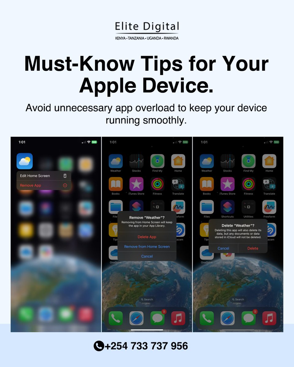 EliteDigitalKE's tweet photo. Too many apps running or installed can slow down your device and drain your battery faster. Regularly review and uninstall apps you don’t need, and close unused apps to keep performance optimal.

#EliteDigital #AppleCareTips #DevicePerformance #iPhoneCare #PremiumTech #KenyaTech https://t.co/qZEsR54x5F
