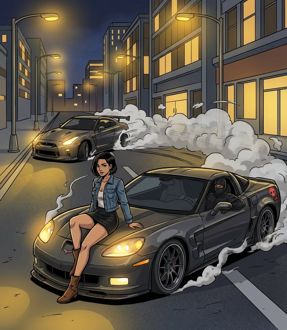 Streetlights glowed as smoke drifted through the empty road. She sat calmly on the hood, unfazed, while engines cooled and tires whispered their last screams. Behind them, drifting cars faded into the night. No sirens yet. Just control, silence, and a city briefly conquered.