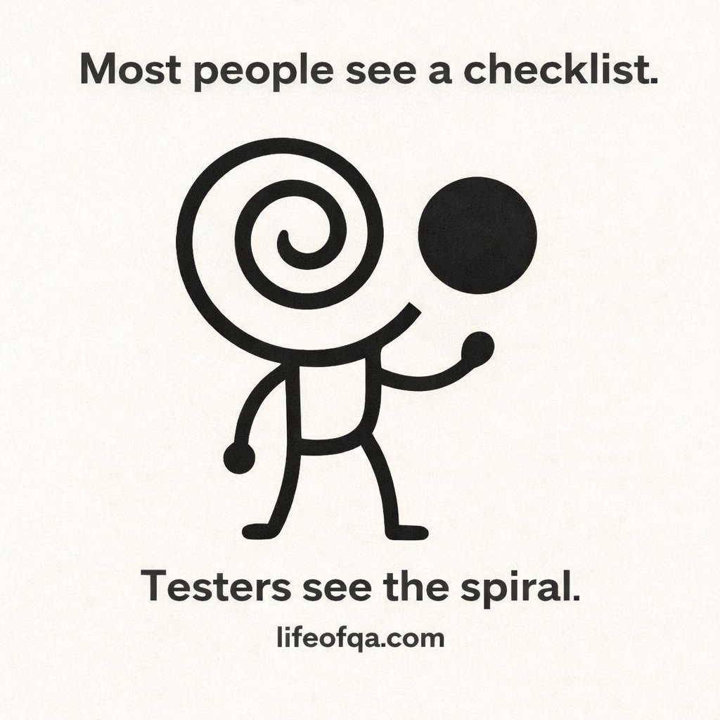 Checklists feel safe.
Testing rarely is.
Real testing lives in the questions, the doubt, the messy thinking we don’t put in reports.
That spiral isn’t confusion.
It’s judgment at work.