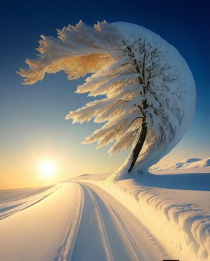 AmazingNature00's tweet image. In Alaska, nature sculpted this lone tree into a frozen wave at sunrise ❄️🌬️🌅

Relentless wind, drifting snow, and rime ice stacked layer by layer until the branches looked like feathers made of frost.

That soft golden glow is the sun catching every icy strand, turning the…