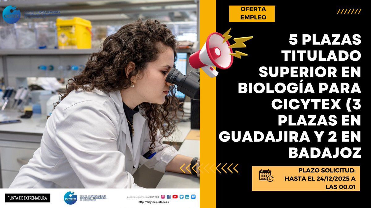 CICYTEX's tweet image. ‼️Atención oferta de empleo en CICYTEX‼️
👩‍🔬5 PLAZAS TITULADO SUPERIOR EN BIOLOGÍA (3 en La Orden (Guadajira) y 2 en INTAEX (Badajoz)
🗓️Plazo solicitud: hasta el 24/12/2025 a las 00.01
👉Información y requisitos: cicytex.juntaex.es/-/5-plazas-tit…
