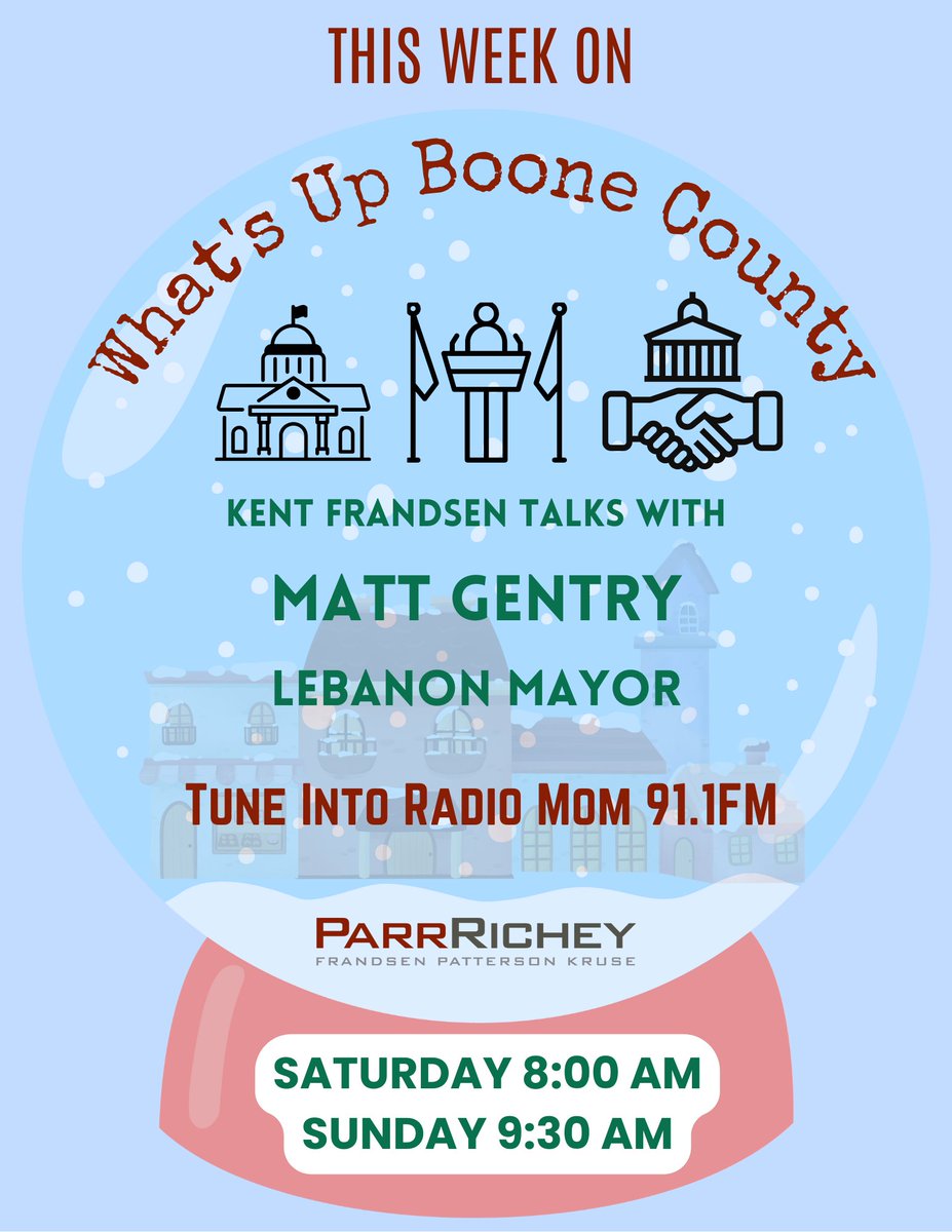🎙️Catch this week’s episode of “What’s Up Boone County” on Radio Mom 91.1 FM!

Kent Frandsen of Parr Richey talks with Matt Gentry, Mayor of Lebanon.

📅Saturday – 8:00 a.m. 
📅Sunday – 9:30 a.m.
📻Only on Radio Mom 91.1 FM

#RadioMom #WhatsUpBooneCounty #ParrRichey #BooneCounty