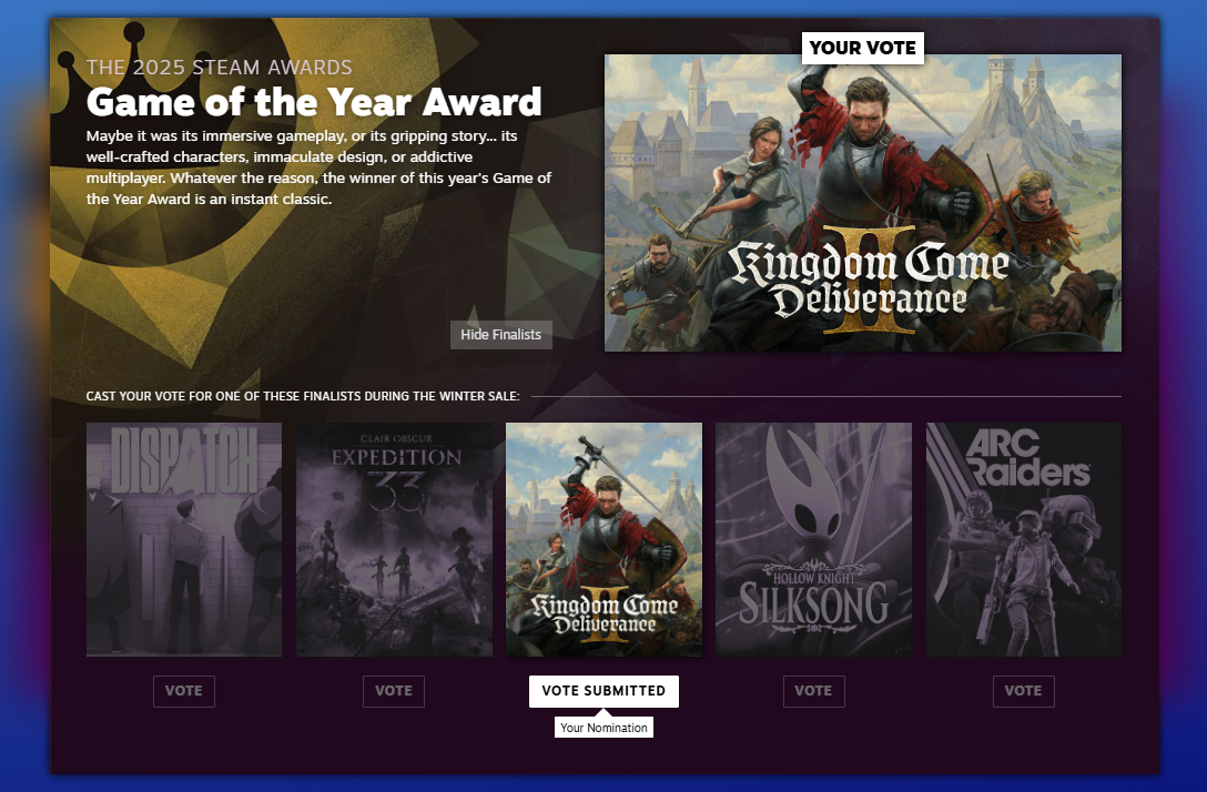 KingdomComeRPG's tweet image. Friends make sure your Steam Awards page looks like this otherwise it might be broken or something ( ͡° ͜ʖ ͡°)

store.steampowered.com/steamawards/20…