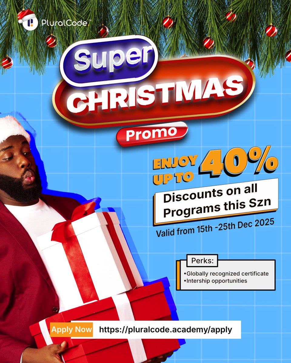 pluralcode's tweet image. It’s Christmas SZN and we’re offering up to 40% discount on our programs. Jump on this juicy offer before the year ends

With Pluralcode, it’s more than just learning a tech skill, it’s a campaign to help you build a career that is truly BORDERLESS.

• Gain hands-on experience…