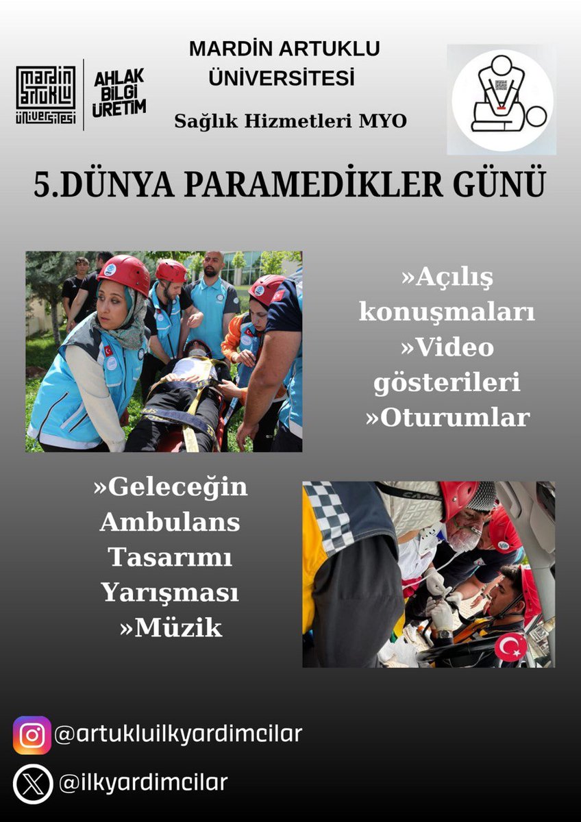 Yüksekokulumuz tarafından 5. Dünya Paramedikler Günü kapsamında düzenlenen etkinliğimize tüm öğrencilerimiz, akademik ve idari personelimiz ile ilgilenen herkes davetlidir.
<a href="/erolozvar/">Erol Özvar</a>
<a href="/ibrahimozcosar/">ibrahim özcoşar</a>
