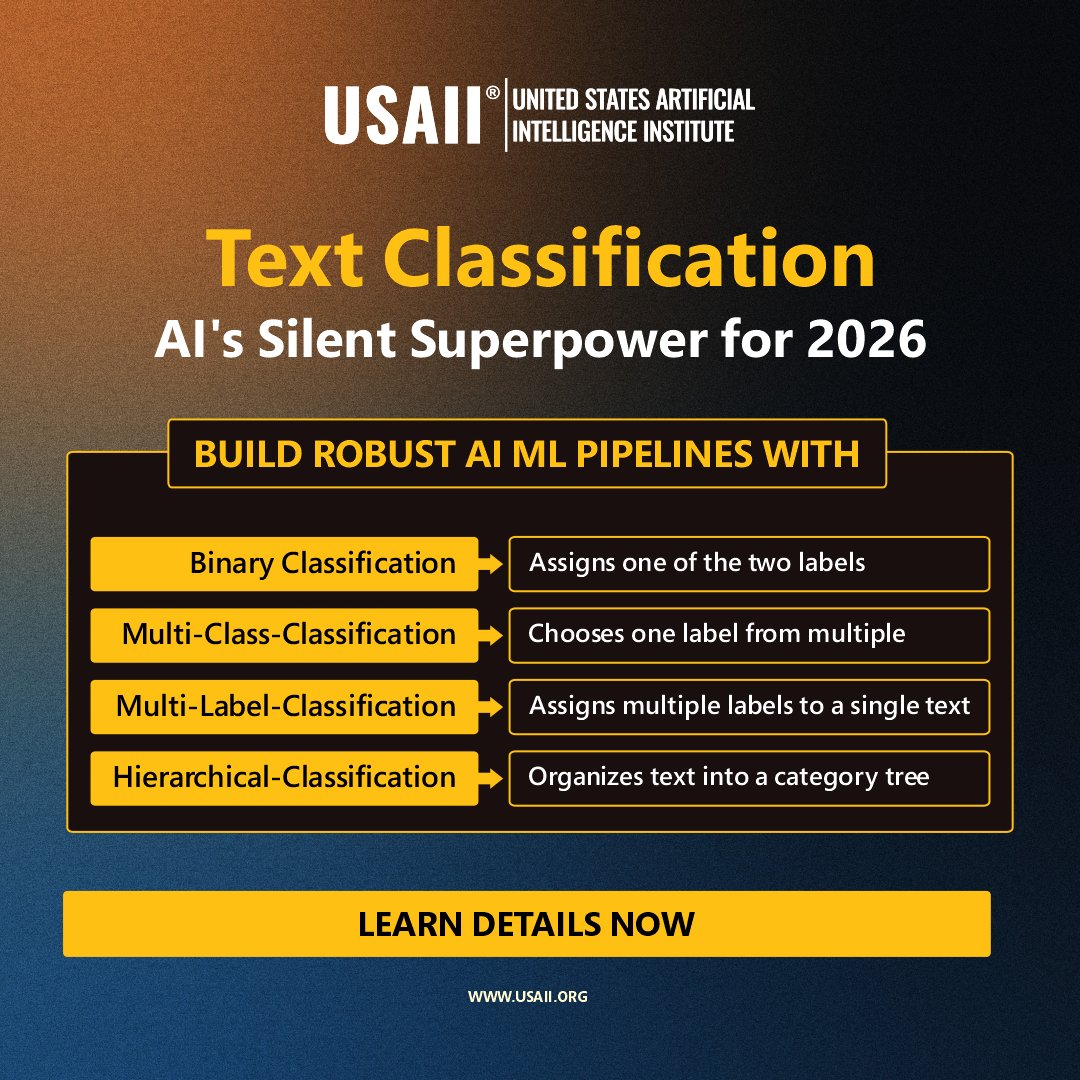 usaiinstitute's tweet image. Learn text classification fundamentals, task types, models, and real-world applications shaping NLP and AI solutions today. Read to know what makes it the hottest skill for 2026 tinyurl.com/mjysd7sb

#TextClassification #TypesofTextClassification #LanguageModels