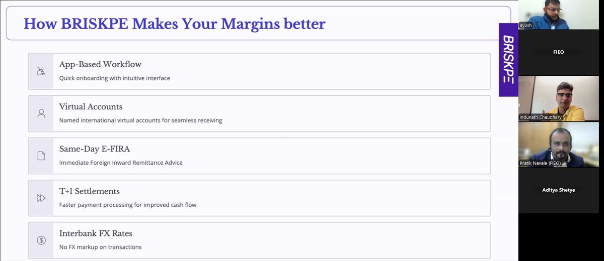 FieoHq's tweet image. #FIEO 🤝 in collaboration with #BRISKPE conducted an insightful 💡 virtual session 💻 on “Invoice vs Credit: Uncovering the Hidden Costs 💰 in Export Payments.” on 📅 December 18, 2025.

The session was addressed by📢:
👤 Mr Indunath Chaudhary, Co-founder &amp;amp; COO, BRISKPE;
👤 Mr