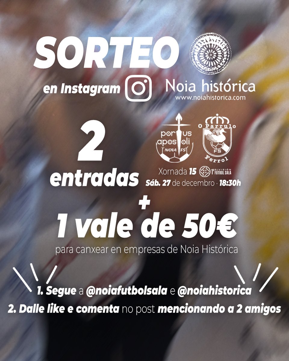 NoiaFutbolSala's tweet image. 🚨 SORTEO con '𝗡𝗼𝗶𝗮 𝗛𝗶𝘀𝘁𝗼́𝗿𝗶𝗰𝗮' en Instagram!

🎟️ 2 ENTRADAS para o #NoiaPAFSOParrulo
💶 1 VALE de 50€ para canxear en empresas de Noia Histórica

➡️ Entra en goo.su/cQRzZ e segue os pasos para PARTICIPAR!

❗️ DATA LÍMITE: VENRES 26 ÁS 10:00h!