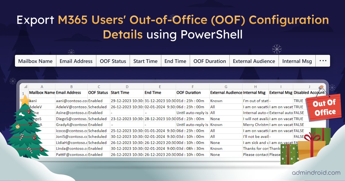 AdmiinDroid's tweet image. 🎄 Holiday season = OOF everywhere✈️

#OOF replies everywhere, but admins still need visibility.

This #PowerShellScript exports M365 OOF status to CSV: who’s out today, scheduled OOF, and even disabled accounts with OOF still on👇
github.com/admindroid-com…

#Microsoft #AdminDroid