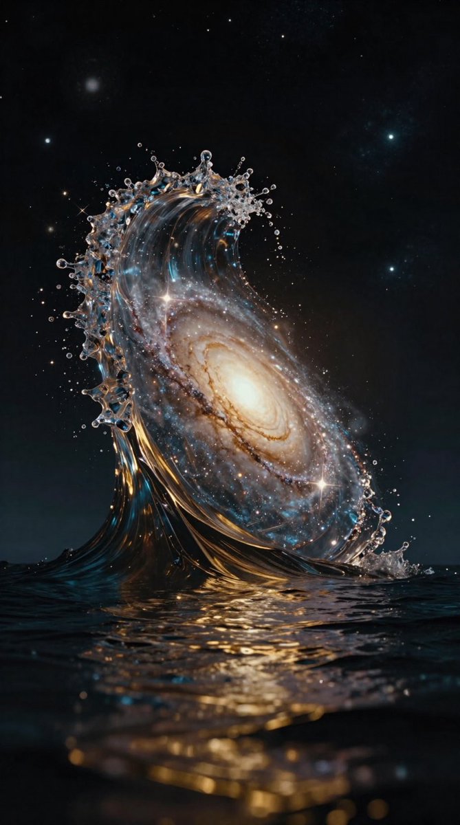 aiprimetime's tweet photo. Prompt;
Surreal double exposure. The image of a massive, frozen-in-time, cataclysmic wave, like a sculpture of glass, is overlaid with a swirling, deep-space galaxy. The water of the wave appears to be made of starlight and cosmic dust. Otherworldly, high-contrast, divine. https://t.co/yR8uBGo3A4