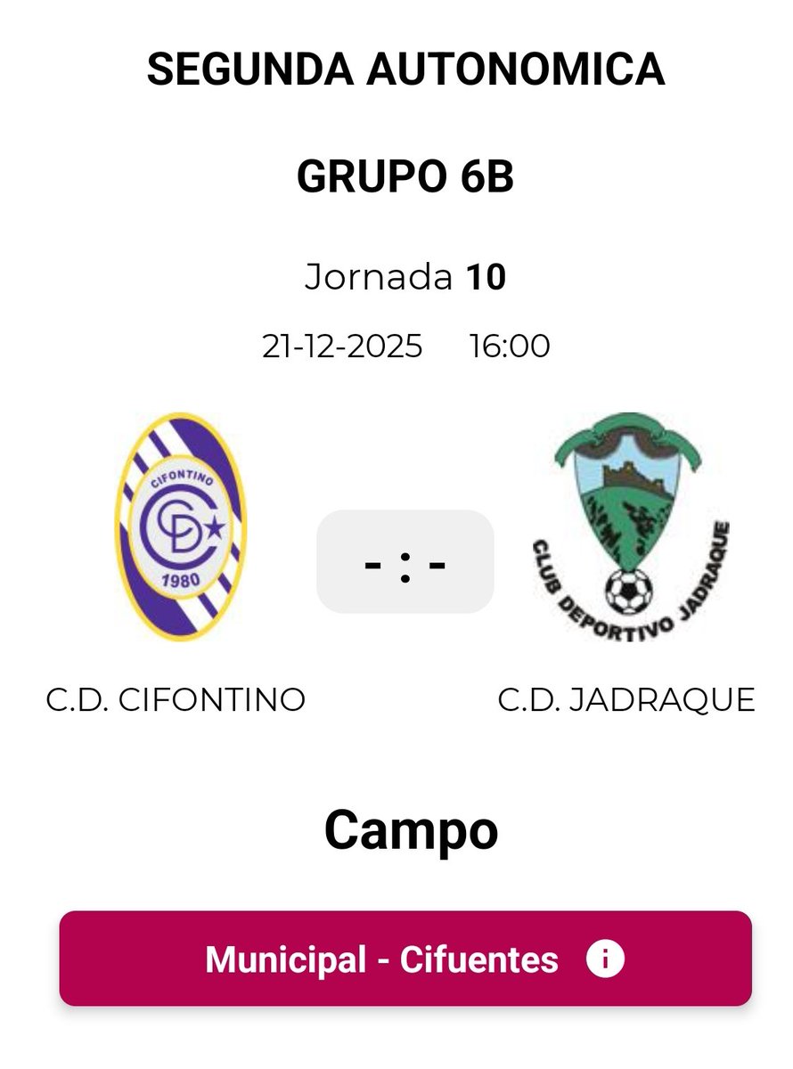 𝗖𝗮𝗹𝗲𝗻𝗱𝗮𝗿𝗶𝗼 𝗱𝗲𝗽𝗼𝗿𝘁𝗶𝘃𝗼 
_(equipos federados)_
▶️ Segunda Regional:
C.D.Jadraque 
⚽🥅 Futbol 11 vs Cifuentes 
📆 Sábado 20 de diciembre 
🕜 16:00h
📍 Campo  municipal Cifuentes 
👏🏼¡Os esperamos a todos para animar a nuestro equipo!

🫂1,2,3 JADRAQUE!!!