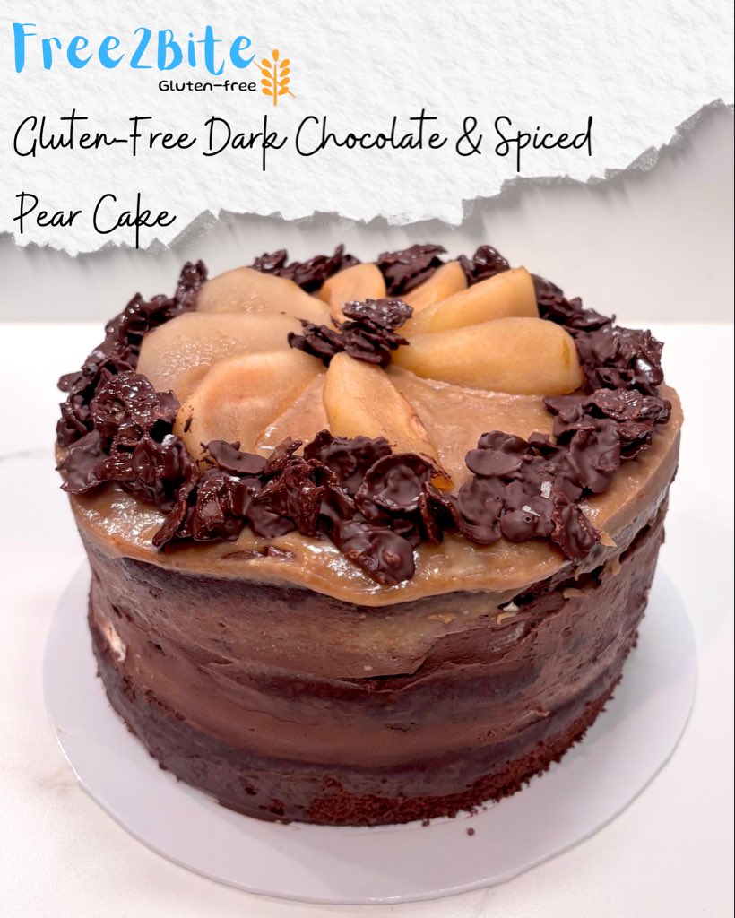 Gluten-free dark chocolate cake with caramel, spiced poached pears &amp; chocolate crunch.

#GlutenFreeCake #ChocolateCake
#GlutenFreeBaking #PearCake
#ArtisanCake #GFDessert