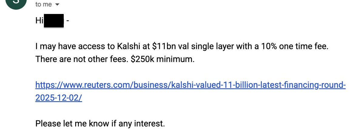 说想要买点 Polymarket 我是认真的，可惜只有 Kalshi，$11B的估值，一次性10%的fee, $250k minimum。

我应该不会投，考虑到两个原因：
1. 我没用过kalshi，还是偏好投真实使用过且喜欢的产品
2. 最接近预测市场的美国上市公司应该就是DKNG了，这几年做得非常好，营收也很稳定，但市值也只有 $17B