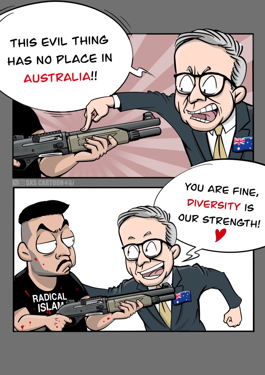 Australian government's solution to the Bondi Beach shooting:
- Blame the gun owners;
- Defend mass migration;
- Arrest those who disagree (hate speech law).