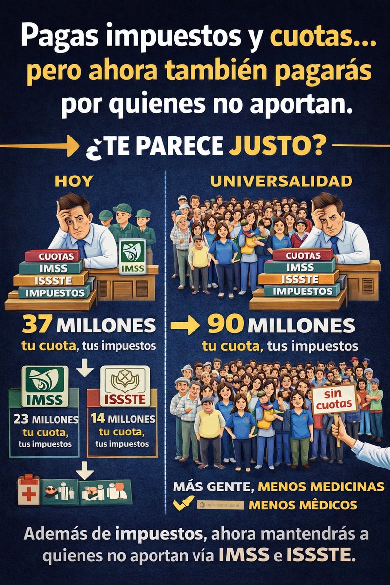 🚨 Si pagas impuestos, esto te afecta.

No es discurso técnico.
Es tu dinero.

⚖️ Por ley, las cuotas del IMSS y del ISSSTE son contribuciones
(CFF art. 2).

📉 ¿Qué está pasando?
Más personas serán atendidas con el mismo presupuesto.
El costo no desaparece:
se traslada a quienes