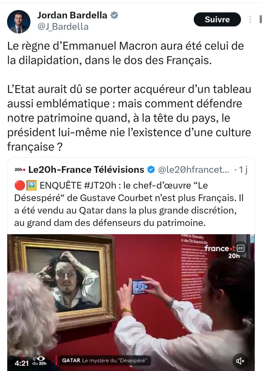 Nain_Portekoi's tweet photo. De deux choses l'une :
- Soit Bardella et Odoul savent très bien que le tableau a été vendu il y a 11 ans et ils mentent effrontément.
- Soit ils ne le savent pas et ce sont des baltringues qui racontent n'importe quoi.
Honnêtement avec ces deux guignols, c'est dur de choisir. https://t.co/xd6SjjuWyx