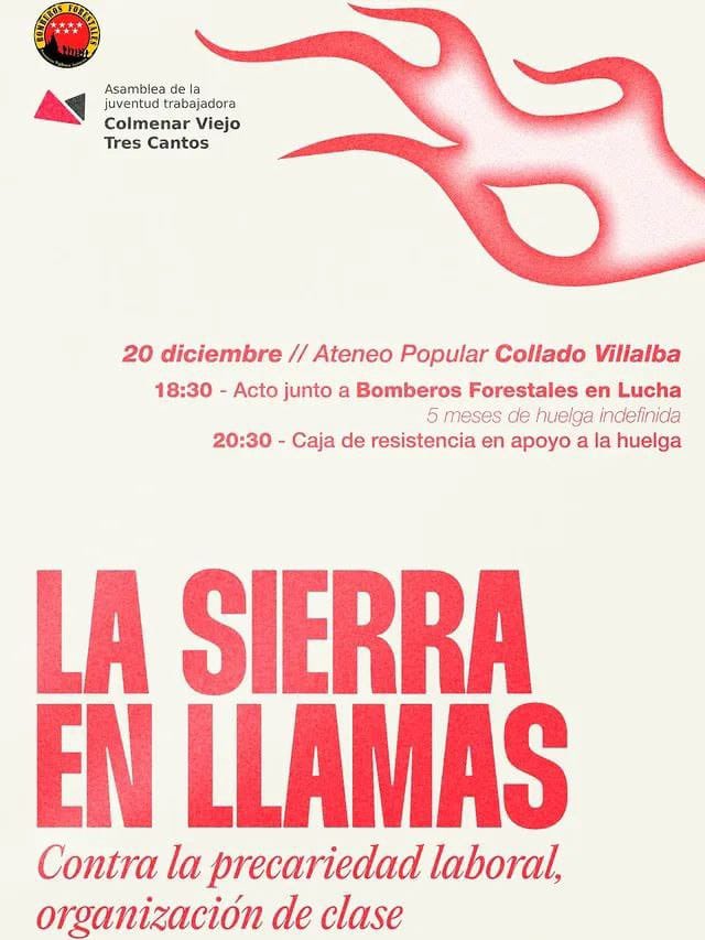 ❕Acto solidario❕

Mañana se celebra este acto en apoyo a #BomberosForestalesCM en el Ateneo Popular de Collado Villalba, os esperamos.

📍Calle Pardo de Santallana, 1,             Collado Villalba

⏰ 18:30

#BomberosForestalesEnLucha