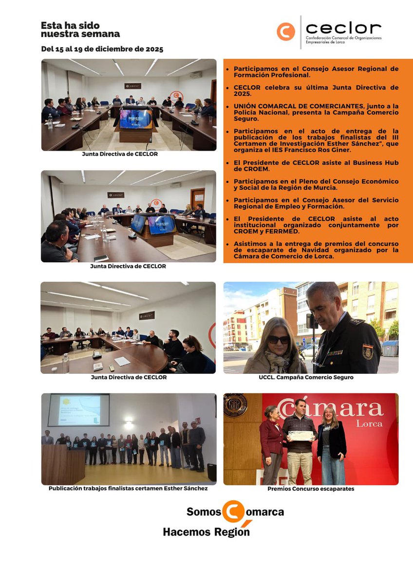 📷Resumen semanal:

✅Consejo Asesor Regional de Formación Profesional

✅Última Junta Directiva de #CECLOR de 2025

✅<a href="/juan_jodar/">Juan Jodar Bardon</a> asiste al Business Hub de <a href="/croemurcia/">CROEM</a>

✅Pleno del Consejo Económico y Social de la Región

⬇️Y mucho más