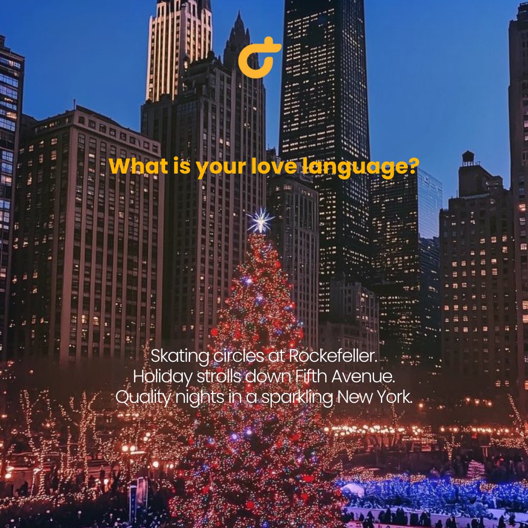 In New York, love languages sound a little different… Holiday strolls down  Fifth Ave, “Meet me at Rockefeller,” and quality time under sparkling city  lights. ✨ Plan your festive NYC getaway with, image size:1080x1080