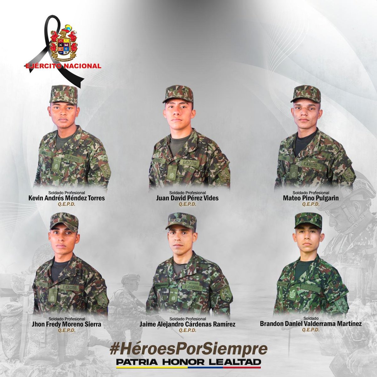 Con profundo dolor acompañamos a las familias de los seis soldados asesinados en Aguachica, Cesar. Sus vidas fueron arrebatadas de manera violenta mientras cumplían su deber.

Nos unimos al duelo de sus seres queridos y enviamos un abrazo solidario en este momento tan difícil.