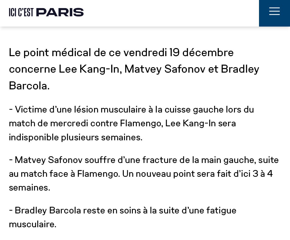 kyliankangin's tweet image. 12월 19일 메디컬 업데이트

수요일 플라멩구와의 경기에서 왼쪽 허벅지 근육 손상을 입은 이강인은 몇 주간 결장할 예정이다.

마트베이 사포노프는 플라멩구전 이후 왼손 골절을 겪고 있다. 3~4주 내에 추가 소견이 나올 예정이다.

브래들리 바르콜라는 근육 피로로 인해 계속 치료를 받고 있다.