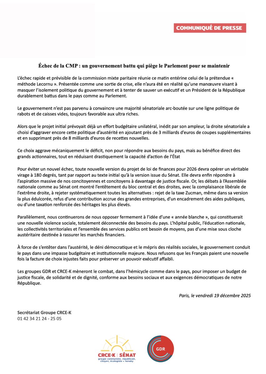 L'échec de la CMP signe la fin de la "méthode Lecornu". "Toute nouvelle version du projet de loi de finances pour 2026 devra opérer un véritable virage à 180 degrés". Le CP des <a href="/senateursCRCE/">Sénateurs CRCE-K</a>↩️