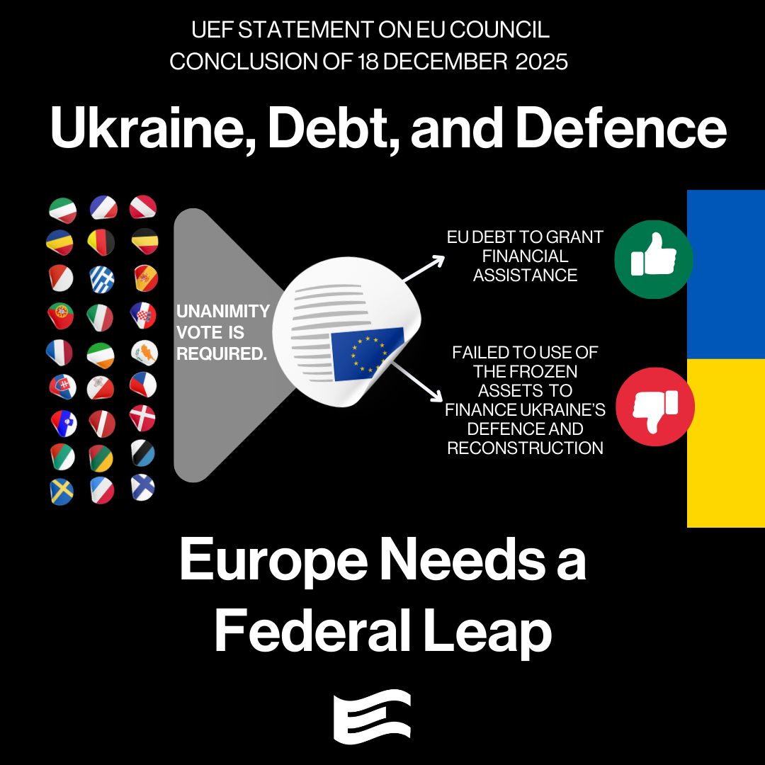 federalists's tweet image. Europe must go beyond crisis fixes: common EU debt for Ukraine is welcome, but the failure to use frozen Russian assets and reliance on unanimity show the limits of the current EU. A federal leap is the only way forward. 🇪🇺✊ 

Read the full statement 👉 buff.ly/UcqdZd5