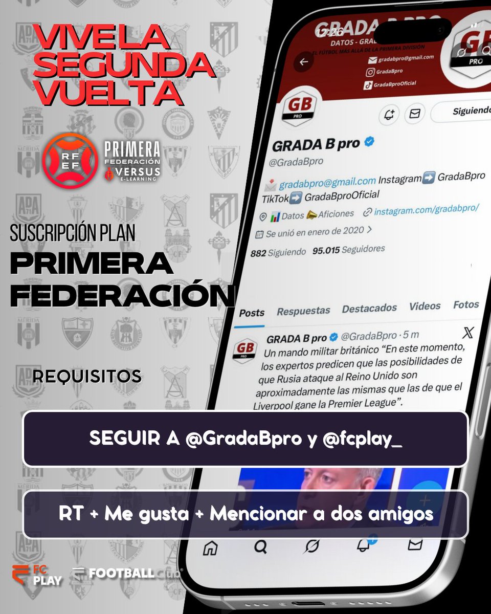 😎 𝑵𝒐𝒔 𝒂𝒅𝒆𝒍𝒂𝒏𝒕𝒂𝒎𝒐𝒔 𝒂 𝒍𝒂 𝑵𝒂𝒗𝒊𝒅𝒂𝒅 con un 𝑺𝑶𝑹𝑻𝑬𝑶 𝑫𝑬 𝑹𝑬𝑮𝑨𝑳𝑶 para nuestra familia futbolera

🎁 Gana un plan para ver toda la Primera Federación con <a href="/GradaBpro/">GRADA B pro</a> junto a <a href="/fcplay_/">FC Play</a> 

✍️ 𝗥𝗘𝗤𝗨𝗜𝗦𝗜𝗧𝗢𝗦:

1️⃣ Like ❤️ y RT🔁
2⃣ Seguir a <a href="/fcplay_/">FC Play</a> y