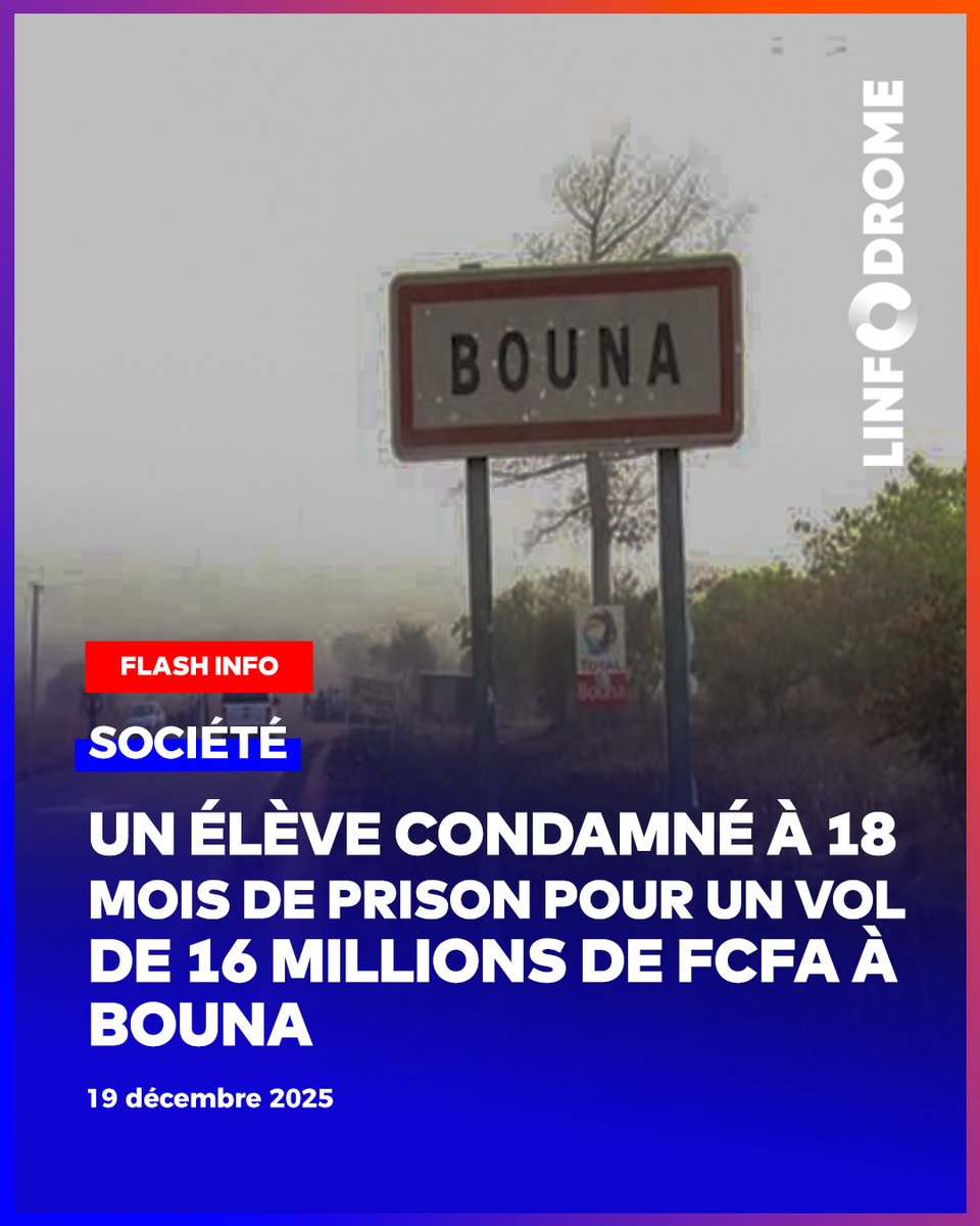 Mercredi 17 décembre 2025, le tribunal de Bouna (Bounkani) a condamné P. David, 19 ans, à 18 mois de prison ferme pour vol avec effraction de 16 millions FCFA chez un planteur de Yangbata.

#Linfodrome