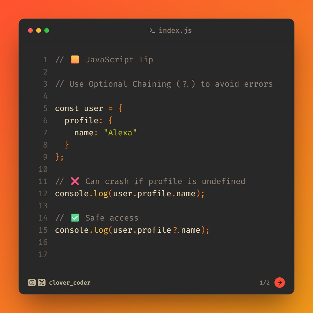 clover_coder's tweet image. Optional chaining (?.) lets you safely access nested objects without worrying about crashes.

✔ No runtime errors
✔ Cleaner code
✔ Perfect for APIs &amp;amp; dynamic data

Follow @clover_coder for daily JavaScript &amp;amp; web dev tips 🌱

#javascript #js #jsdeveloper #javascriptdeveloper