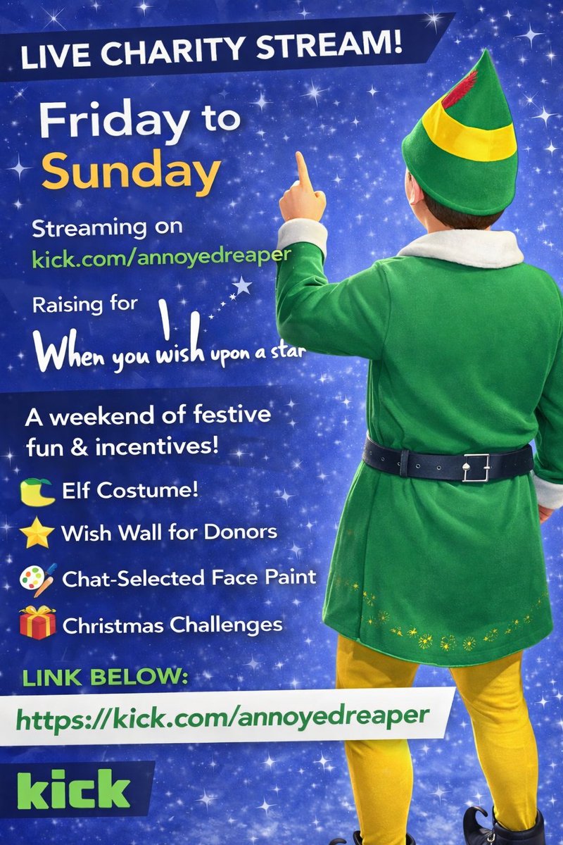 Today is the FIRST DAY of our CHARITY WEEKEND!!!    We have made some fun sub goals for you all to enjoy, and every sub, gifted or donations are going to the 'When You Wish Upon a Star' Charity!  Let's have an amazing weekend &amp; enjoy the Christmas joy of giving! 
<a href="/KickCommunity/">KICK Community</a>