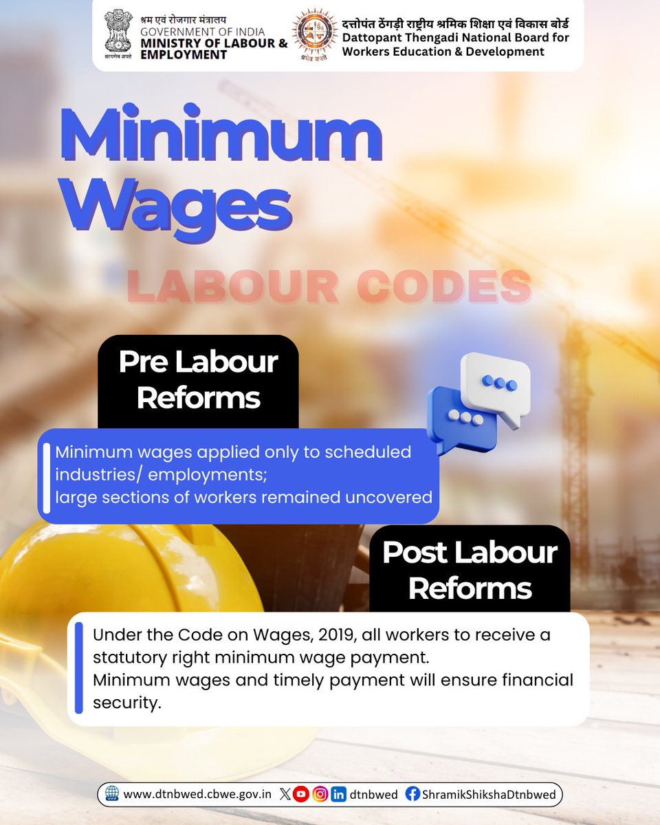 #Minimum_Wages under #Labour_Codes: From Limited Coverage to Universal Wage Security

#LabourMinistryIndia #MansukhMandaviya #ShobhaKarandlaje #PIB #dtnbwed #workerseducationindia #shramikshiksha #ACRC #ShramikChoupal #LabourReforms