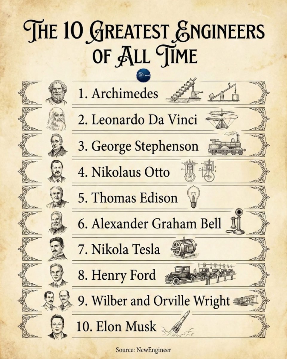 ⚙️ The 10 Greatest Engineers of All Time

1.🇬🇷 Archimedes
2.🇮🇹 Leonardo da Vinci
3.🇬🇧 George Stephenson
4.🇩🇪 Nikolaus Otto
5.🇺🇸 Thomas Edison
6.🇺🇸🇨🇦 Alexander Graham Bell
7.🇷🇸 Nikola Tesla
8.🇺🇸 Henry Ford
9.🇺🇸 Wilbur and Orville Wright
10.🇿🇦🇺🇸 Elon Musk

🖇️ Source: NewEngineer