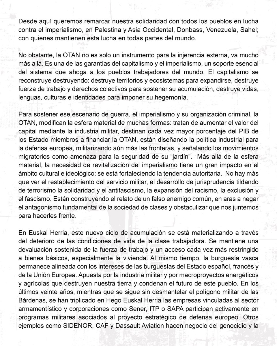 bardenasya's tweet photo. El capitalismo en crisis nos trae violencia y es imprescindible recuperar la organización y la lucha en contra de la OTAN y el imperialismo.
📣 El 14 de marzo convocamos una manifestación nacional en Iruña.
✊🏽 Es hora de que Euskal Herria le diga no a la OTAN. https://t.co/H1r4VcS6im