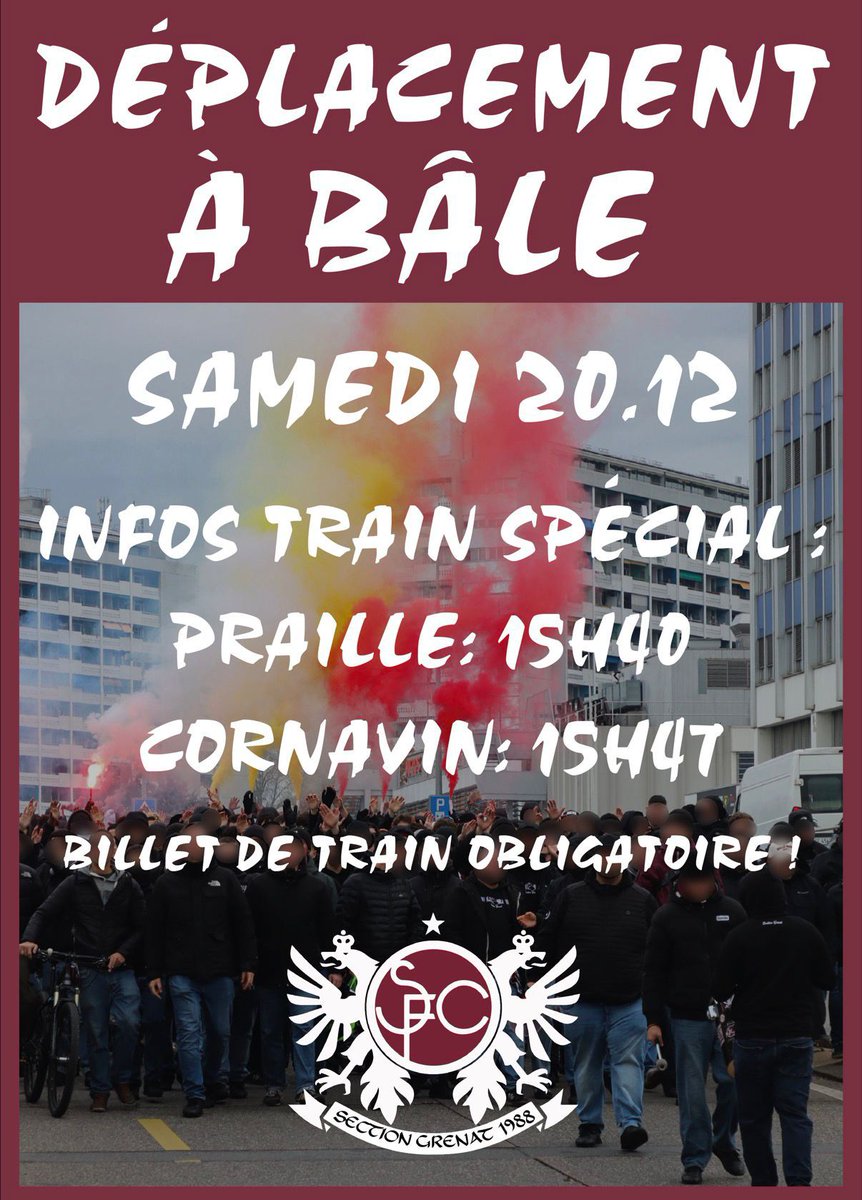 Déplacement à Bâle ! 🚄

Un train spécial est organisé pour le déplacement des supporters au Parc Saint-Jacques 👉 bit.ly/4aIgxnt

#NotreVilleNotreClub