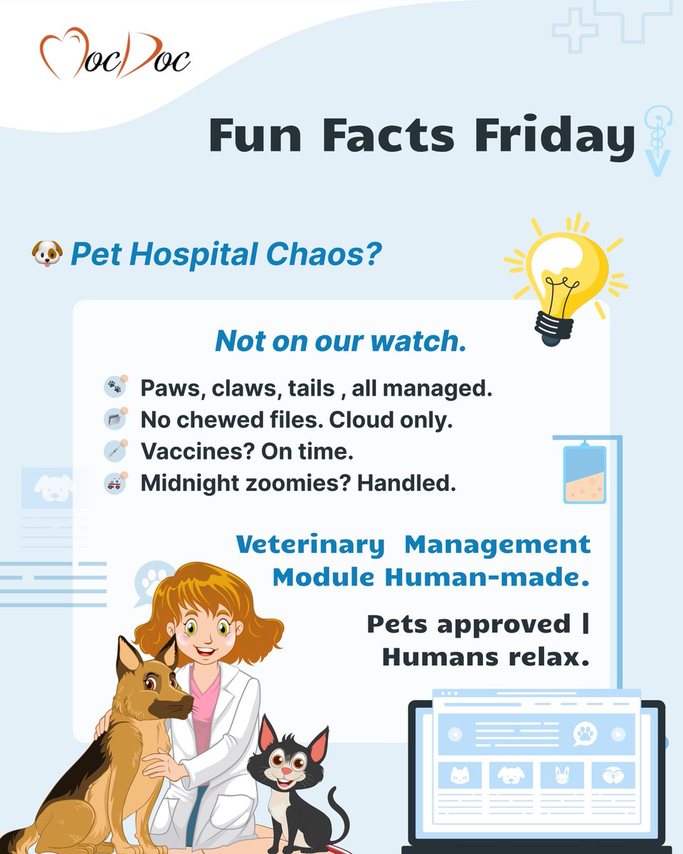 mocdoc__in's tweet photo. Pet hospital chaos? 🐶❌

MocDoc’s Veterinary Management Module keeps records digital, vaccines on time &amp; workflows smooth.

➡ Pets happy. Humans relaxed.

#FunFactsFriday #VetTech #MocDoc https://t.co/Qkhi7WxL51