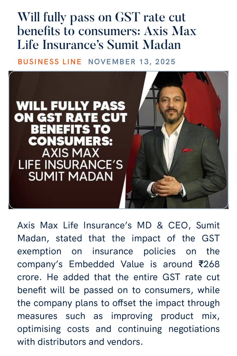 zahidpatka's tweet image. Will fully pass on GST rate cut benefits to consumers: Axis Max Life Insurance’s Sumit Madan
has decided to recoup the impact of GST through negotiations with distributors, cost optimisation&amp;amp; product mix improvements
🙏@narendramodi #GSTReforms 
thehindubusinessline.com/money-and-bank…
@PMOIndia