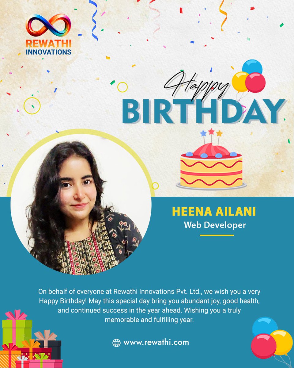 RewathiIT's tweet photo. Happy Birthday, Heena Ailani! 🎉✨
Your creativity and dedication truly inspire us. Wishing you success, good health, and many new milestones ahead! 💙

#happybirthday #teamcelebration #rewathiinnovations #webdeveloperlife #teambirthday #workplaceculture #employeeappreciation https://t.co/zWoNHmhLwd