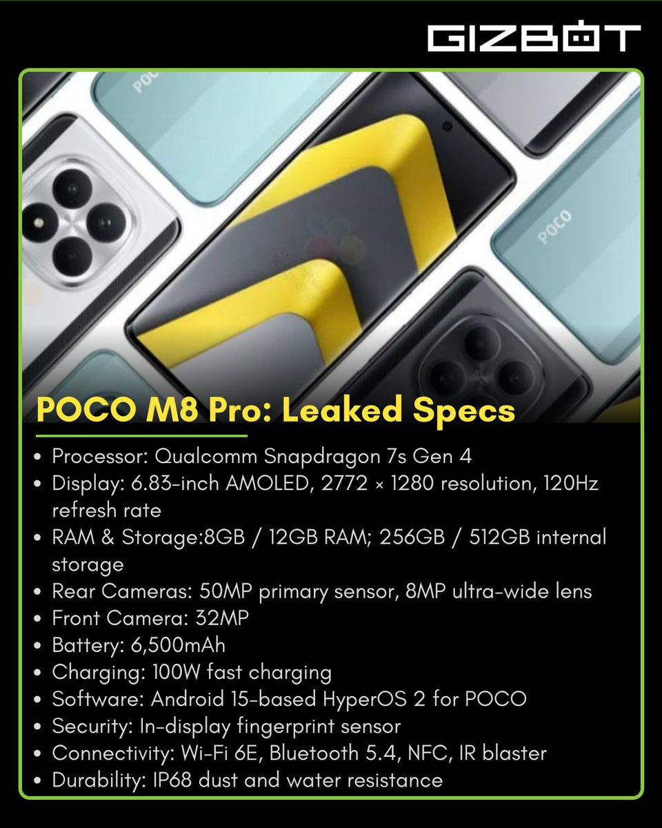 gizbot's tweet image. POCO M8 and M8 Pro Renders Leak Ahead of January 2026 Launch; Key Specs Tipped
#Poco #TechInnovation #smartphone #technology #TechNews