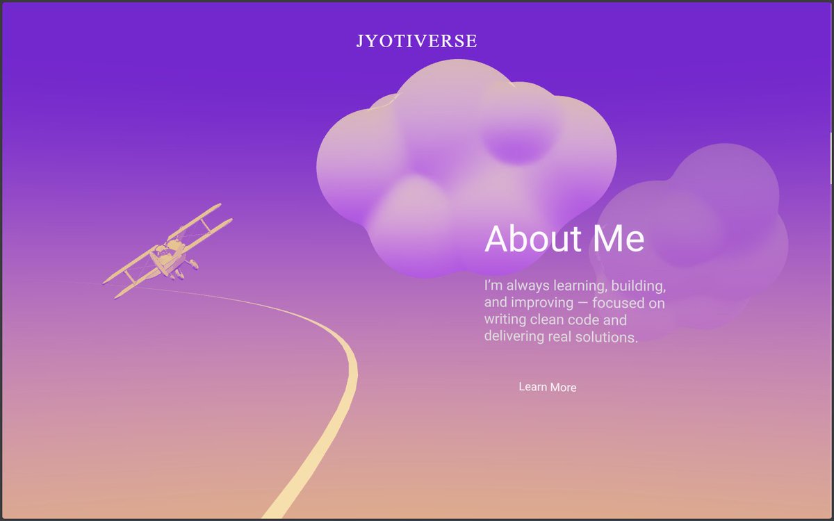 Harjyotik10's tweet image. Just launched my developer portfolio — Jyotiverse 🌌

Built with React, 3D, and smooth interactions.

Designed to show how I think and build — not just screenshots.

🔗 jyotiversedev.vercel.app

#WebDevelopment #FrontendDeveloper
#ReactDeveloper #CreativeDeveloper
#3DWeb