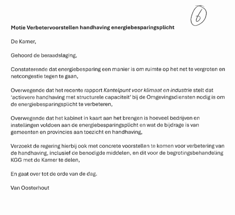 Aangenomen motie ⁦<a href="/AnnaSjoukjevO/">Sjoukje van Oosterhout</a>⁩ betere handhaving energiebesparingsplicht | Mooi, energiebesparing voor veel dingen goed, ook tegen netcongestie &amp; hier is nog ‘laaghangend fruit’