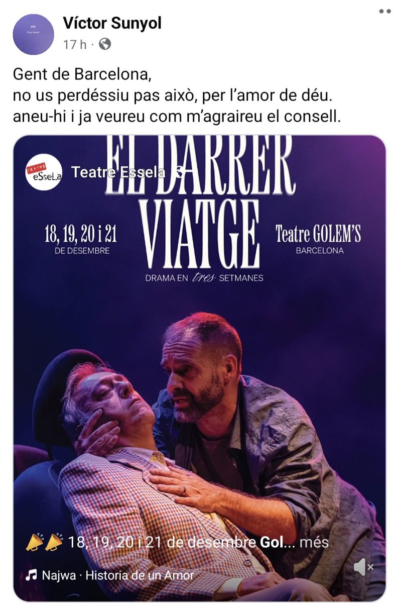 A veure si els déus, en Dionís i la resta, ens hi ajuden i Talia ens inspira
Encara al teatre Golem'S 19, 20 i 21
Entrades: golems.cat/EL-DARRER-VIAT…
Inspirat en fets reals: Un home condueix tres setmanes amb el marit mort al seient del costat
#teatre #Barcelona #bcn #espectacle