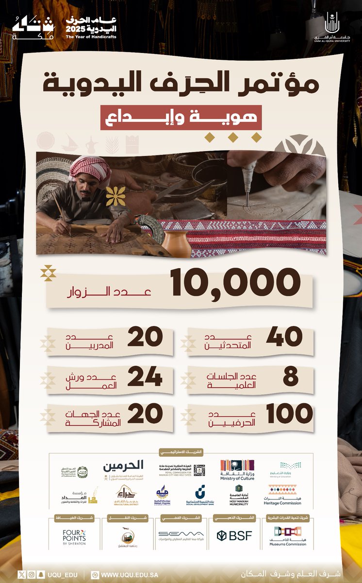 #خبر 

بحضور أكثر من 10,000 زائر، ومشاركة 100 حرفيٍّ وحرفية، وأكثر من 60 متحدثًا ومدربًا؛ اختُتم مؤتمر الحرف اليدوية #هوية_وإبداع فعالياته، التي نظمتها كلية التصاميم والفنون في رحاب #جامعة_أم_القرى. 

🔗
uq.sa/e3sGhd

#شتاء_مكة