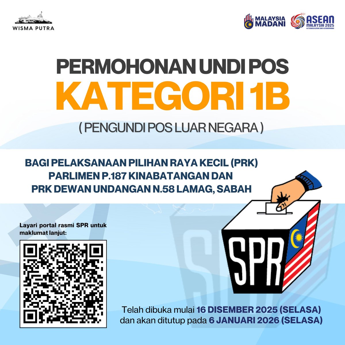 MalaysiaMFA's tweet photo. ✋ApaKhabar! 
RakanWisma🇲🇾🌐

✓ Permohonan Undi Pos 📮 | Kategori 1B ( Luar Negara - untuk pemilih-pemilih yang tinggal di luar negara 🌐) - bagi pelaksanaan Pilihan Raya Kecil (PRK) Parlimen P.187 Kinabatangan dan PRK Dewan Undangan N.58 Lamag, Sabah telah dibuka mulai 16 Disember 2025 (Selasa) dan akan ditutup pada 6 Januari 2026 (Selasa). 

✓Sila imbas kod QR atau ke pautan 🔗 : https://t.co/yAax5wkvkC

🌺 Untuk maklumat lanjut layari Portal Rasmi Suruhanjaya Pilihan Raya Malaysia (SPR).
🇲🇾 🗳️

#WismaPutra #UndiPos #PRK 
#TaatSetia #MalaysiaMADANI