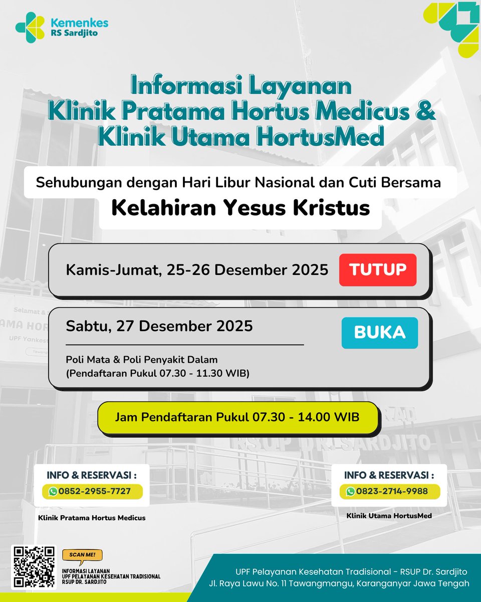 Informasi layanan di Klinik Pratama Hortus Medicus dan Klinik Utama HortusMed Tawangmangu Sehubungan Dengan Hari Libur Nasional dan Cuti Bersama Hari Kelahiran Yesus Kristus

 #infolayanankesehatan #tawangmangu #hortusmedicus